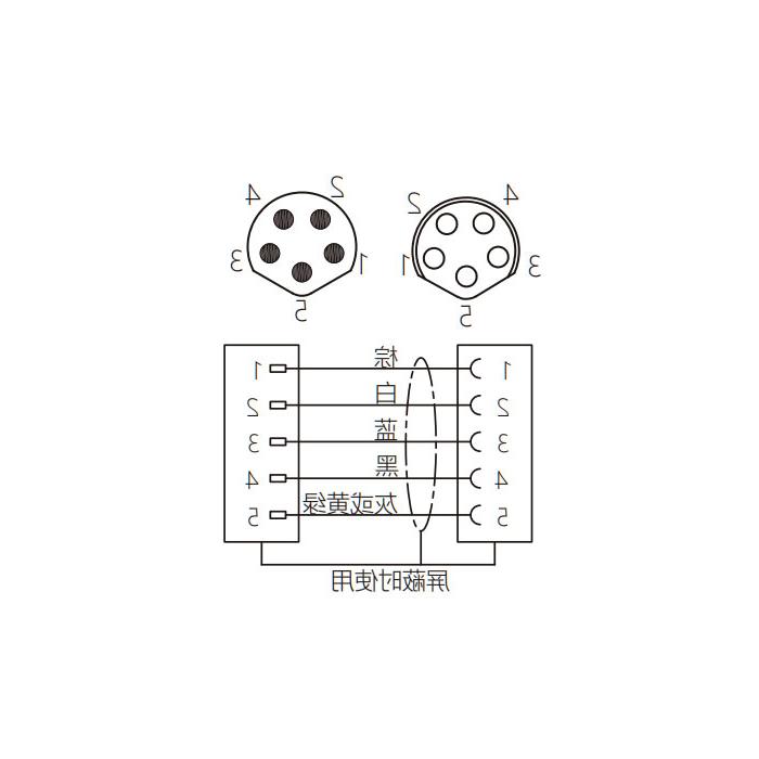 M8 5Pin, female straight turn male straight, double end precast PUR flexible cable, shielded, black sheath, 63DB55-XXX