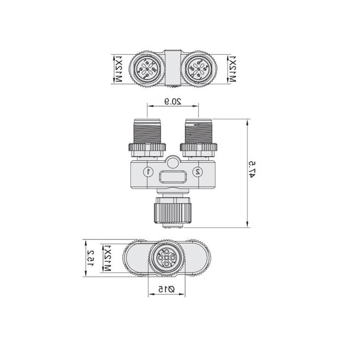 M12 5Pin female /2M12 5Pin male, Tee, 644446